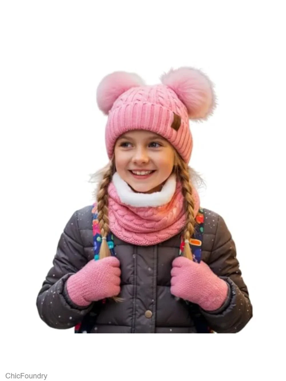 Winter Beanie Scarf Gloves Set with Pompom - Fleece Lined Hat Neck Warmer
